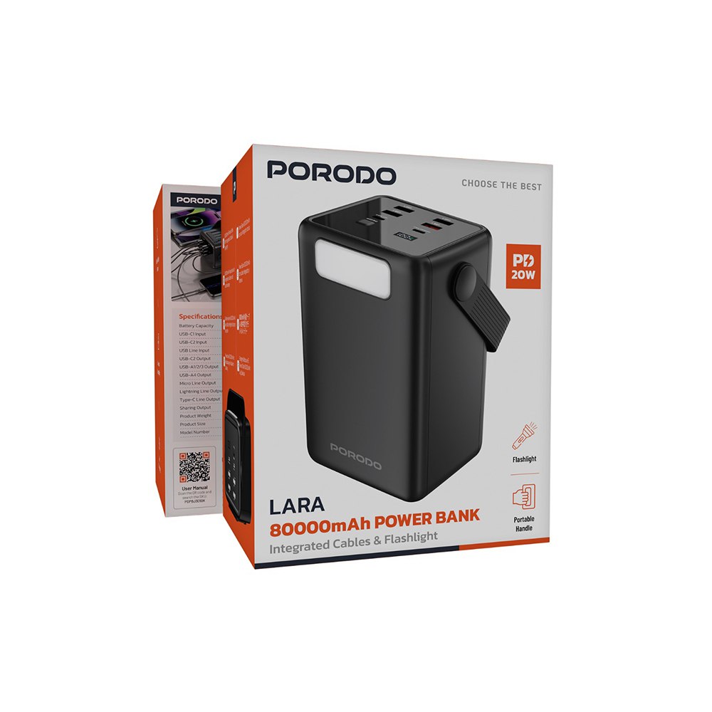 پاوربانک 80000 فست شارژ پرودو با کابل متصل Porodo Lara 80000mAh Power Bank with Integrated Cables