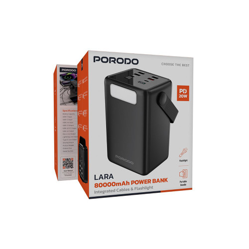 پاوربانک 80000 فست شارژ پرودو با کابل متصل Porodo Lara 80000mAh Power Bank with Integrated Cables