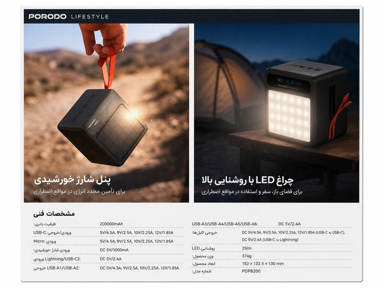 پاوربانک خورشیدی پرودو مدل Laros ظرفیت ۲۰۰ هزار میلیآمپر