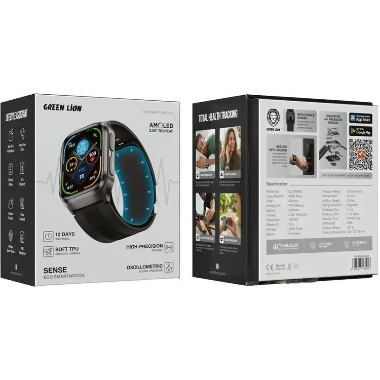 ساعت هوشمند پزشکی گرین لاین Sense ECG با سنجش فشار خون مدل GNMEDSWA65BK