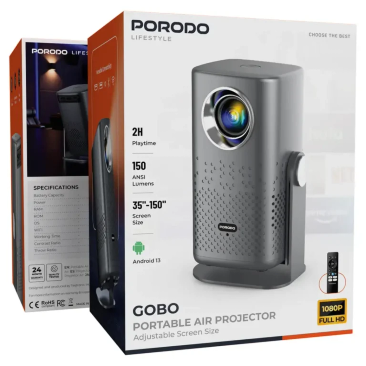 ویدیو پروژکتور هوشمند شارژی باکیفیتFHD پرودو مدل گوبو Porodo Lifestyle Gobo Portable Air projector